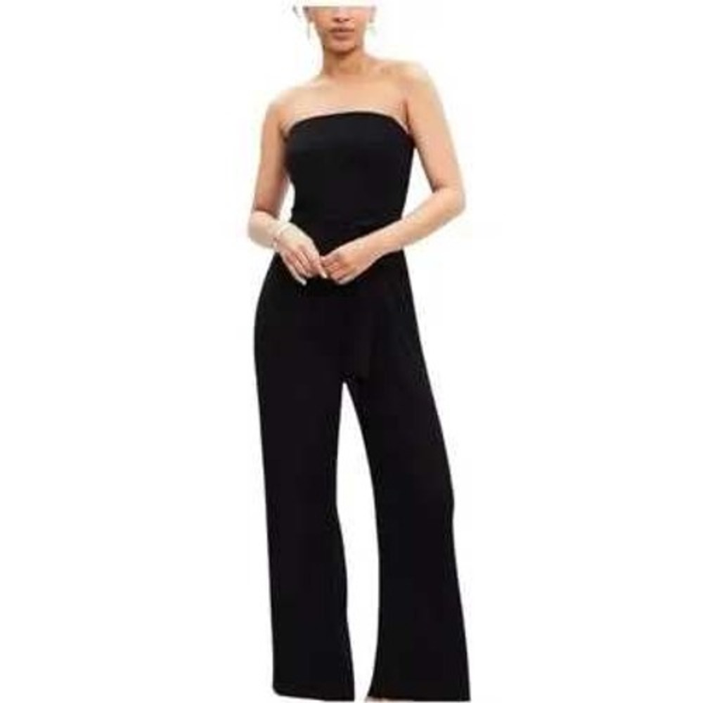 LOFT Strapless Jumpsuit Black Wide Leg Sz M Minimalist Chic Lightweight Capsule